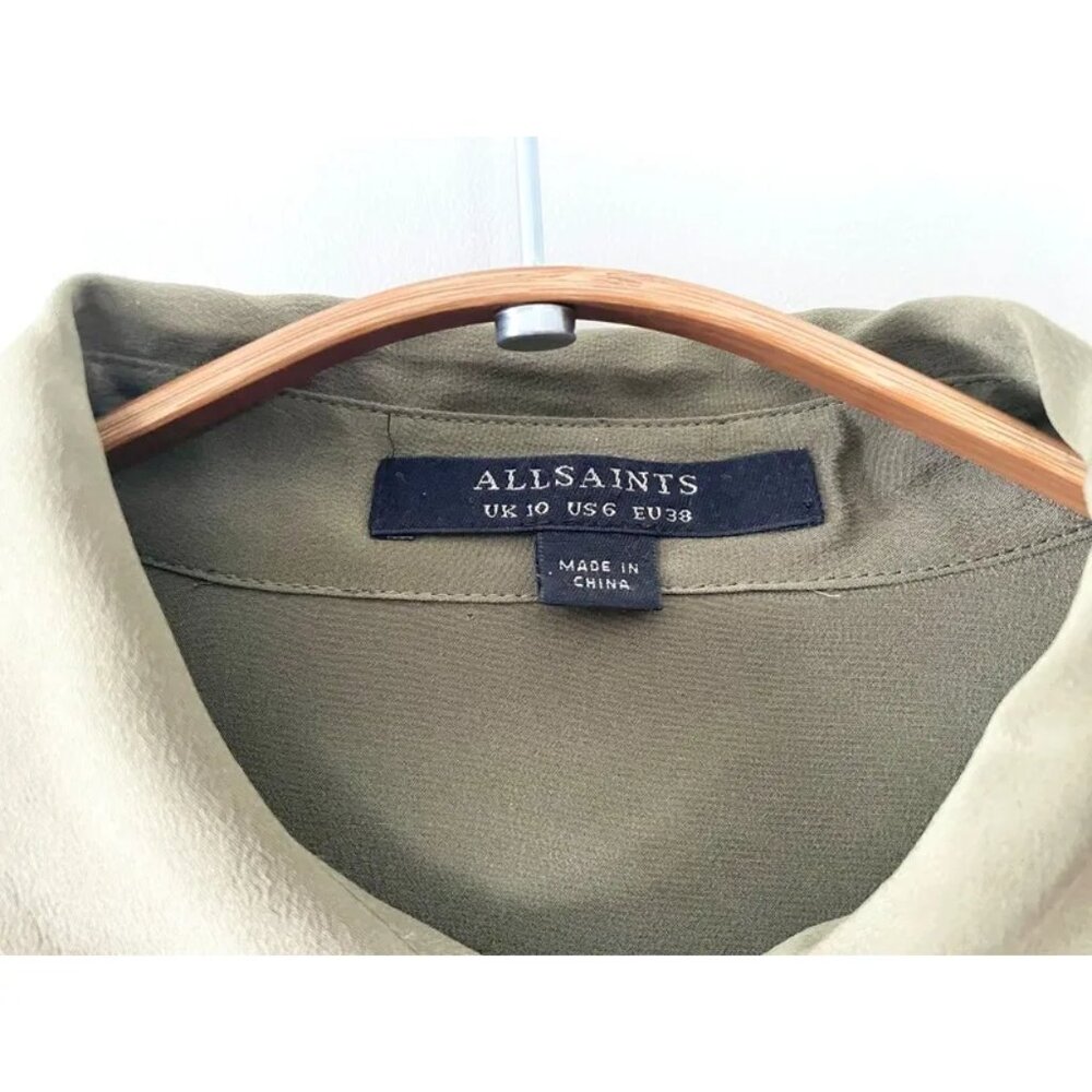 AllSaints Alex Silk Shirt Tunic Dress Olive Green Black Applique UK 10 US 6 - Picture 6 of 16